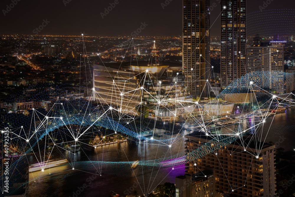 Poster Wireless network and Connection technology concept with Abstract Bangkok city background