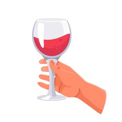 Hand with a glass of red wine or juice. Icon. Use as a symbol of a holiday or a feast. Stock vector isolated illustration on white background.