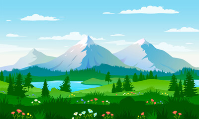 Panoramic views of large mountains, beautiful meadows with flowers. Flat cartoon landscape with nature. Vector illustration.