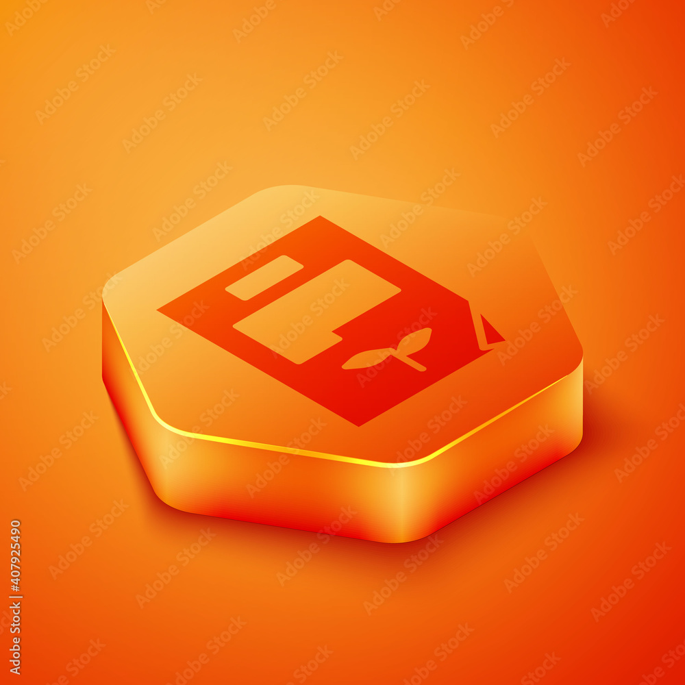 Poster isometric leaf document icon isolated on orange background. nature file icon. orange hexagon button.