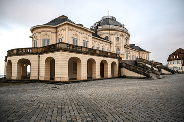Scenic view of the south facade of Solitude Palace near the city of Stuttgart. It is a Rococo palace and hunting retreat from the 18th century.