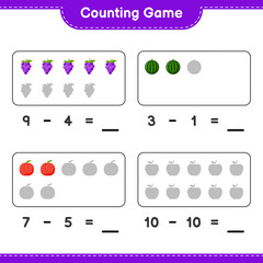 Counting game, count the number of Fruits and write the result. Educational children game, printable worksheet, vector illustration