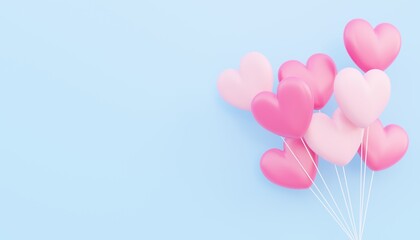 Fototapeta na wymiar Valentine's day, love concept, pink and white 3d heart shaped balloons bouquet floating on blue background with copy space