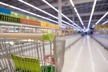 Shopping cart in super market or convenience store with shelves of frozen food