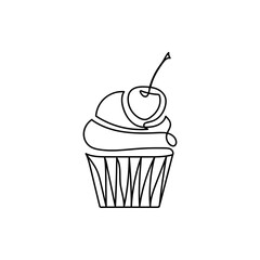 Continuous one line drawing a cupcake with cherry. Vector illustration perfect for greeting cards, party invitations, posters, stickers, clothing. Silhouette of a cupcake with cherry. Dessert concept