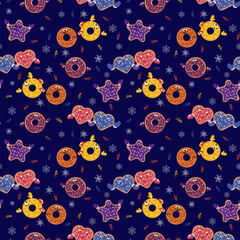 Naklejka premium seamless pattern fun donuts with eyes and gloves on the winter background. Vector illustration