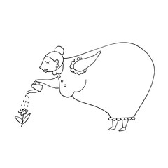 Big woman waters a flower from a watering can. Vector hand-drawn doodle illustration. Gardener. Body positive. Excess weight. Black and white outline.