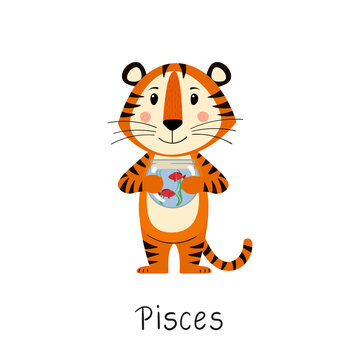 Pisces Zodiac Sign. Cute tiger with an aquarium in his hands. Concept of horoscope for 2022, year of tiger according to Chinese calendar. Vector stock flat hand-drawn illustration isolated on white