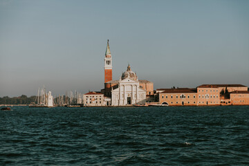 Fototapeta premium Panoramic view of the San Giorgio Maggiore island, the church and monastery at San Giorgio Maggiore in the lagoon in Venice, Italy.