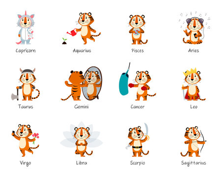 Set of 12 zodiac signs. Cute tiger in image of different zodiac signs. Concept of horoscope for 2022, year of tiger according to Chinese calendar. Vector stock hand drawn illustration isolated 
