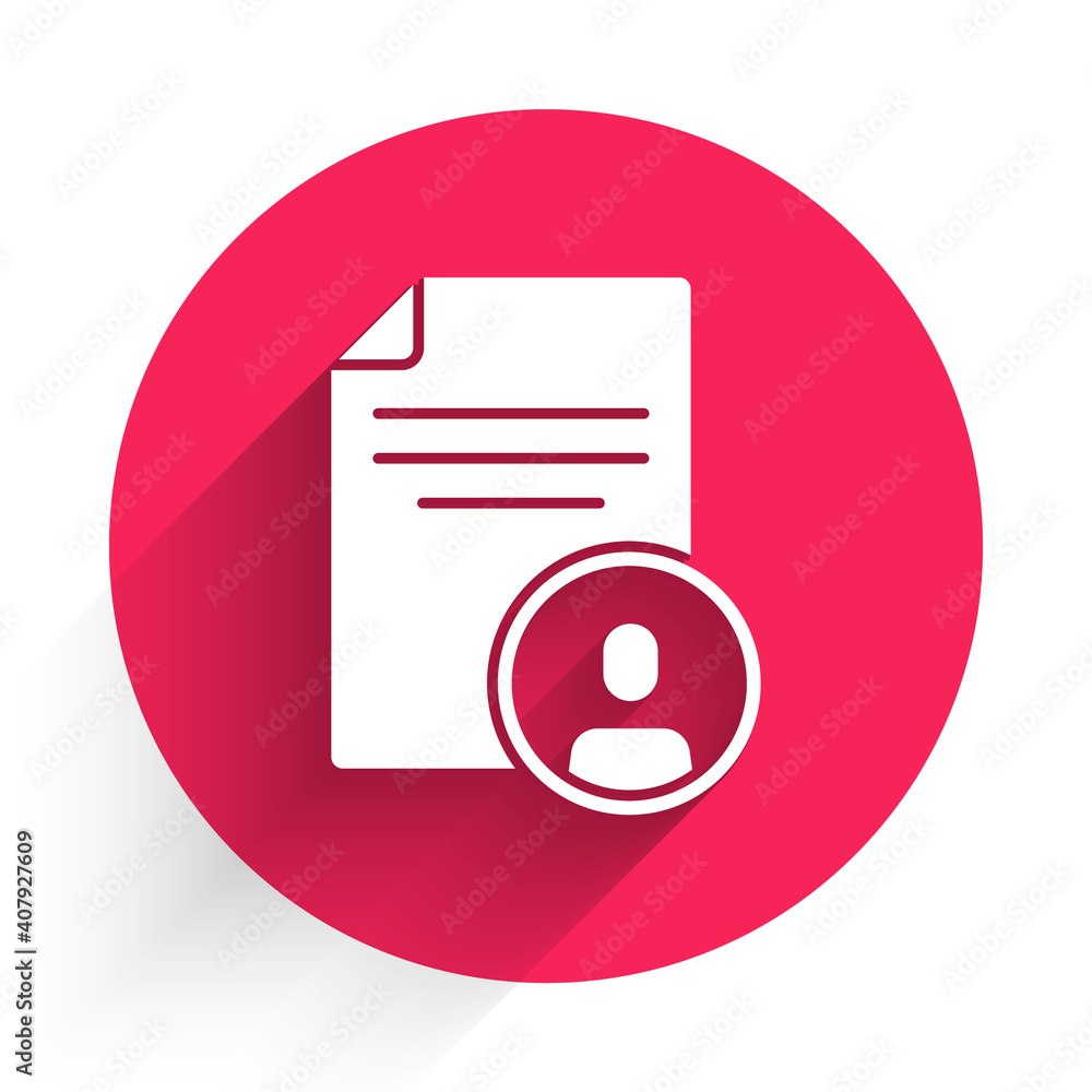Poster white resume icon isolated with long shadow. cv application. searching professional staff. analyzing