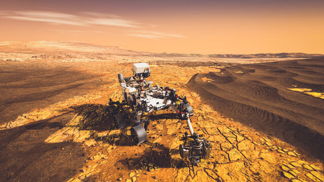Unmanned rover vehicle on Mars exploration mission runs through planet ground . 3D illustration . Elements of this image furnished by NASA - Powered by Adobe