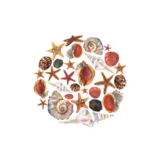 Obraz premium Beautiful watercolor circle background with colorful sea shells and stars for decorative design. Artistic backdrop. Underwater pattern.