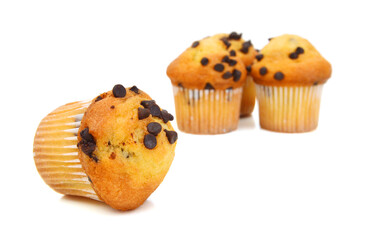 Fresh chocolate chip muffin close up.