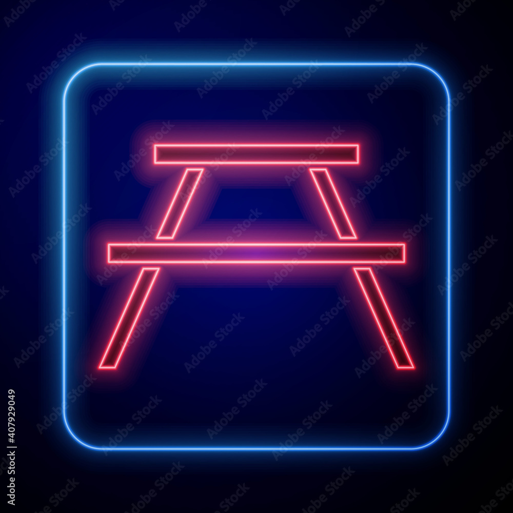 Poster glowing neon picnic table with benches on either side of the table icon isolated on blue background.