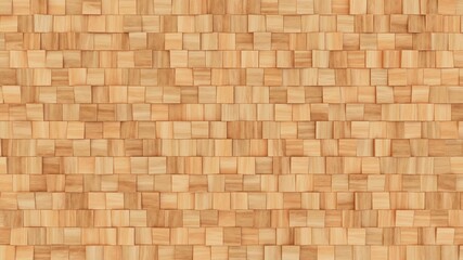 Wooden wall background. Light wood pattern. Modern wood template. Square wooden volume pattern. 3d illustration.