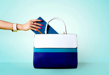 Blue handbag.   Taking out the wallet from the purse bag. Isolated on aqua blue background. 