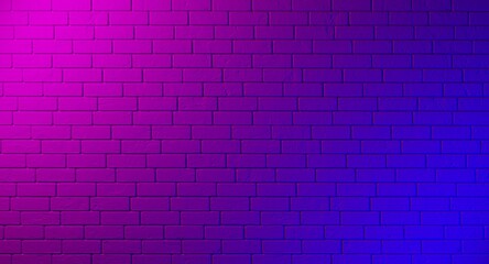 Fototapeta na wymiar Neon brick wall. Lighting effect. Purple and blue light on brick wall. Night background. Retro design.