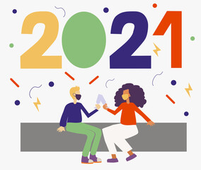 Illustration of two characters wearing face masks and celebrating 2021 new year.