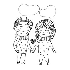 Retro banner couple holding hands. Love and heart, black and white line illustration. Place for text vector cartoon postcard.