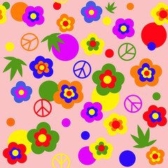 Bright seamless pattern in hippie style with colorful flowers and circles on a pink background