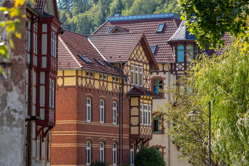 Fototapeta na wymiar Facades of historic half-timbered houses in Meiningen, Thuringia