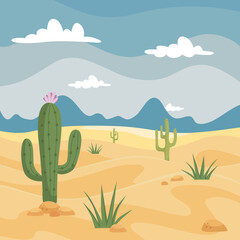 Fototapeta na wymiar Drawing Cactus in desert with mountains blue sky background