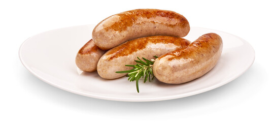 Grilled Munich Sausages, close-up, isolated on white background