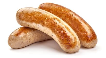Fried bangers sausages, close-up, isolated on white background