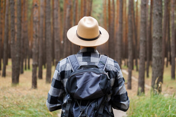 Young Man in a hat with a backpack in a pine forest. Hike in the mountains or forest