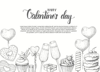 Valentines Day background with doodle hand drawn objects in sketch style-lollipop, glazed donut, glass of champagne, gift boxes, pie and cupcake. Happy Valentines Day - Lettering calligraphy phrase