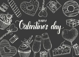 Valentines Day background with doodle hand drawn objects in sketch style-lollipop, glazed donut, glass of champagne, gift boxes, pie and cupcake. Happy Valentines Day - Lettering calligraphy phrase