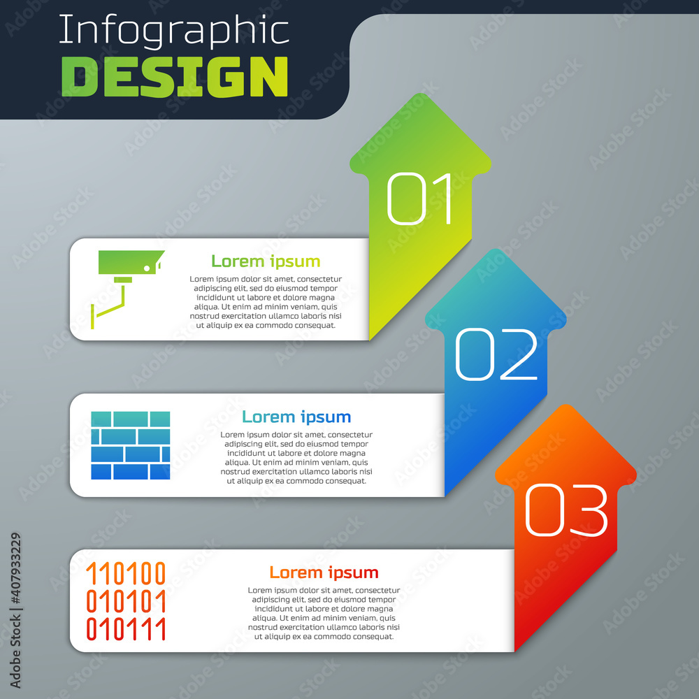 Poster set security camera, bricks and binary code. business infographic template. vector.