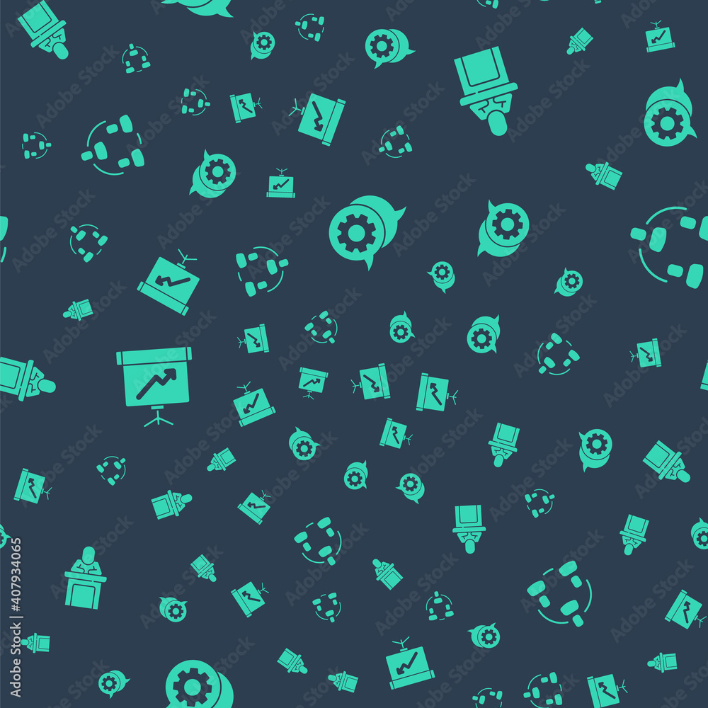 Aufkleber set speech bubble chat, speaker, chalkboard with diagram and project team base on seamless pattern. 