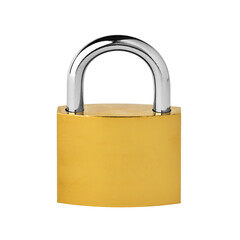 PADLOCK. Yellow metallic padlock on white background.