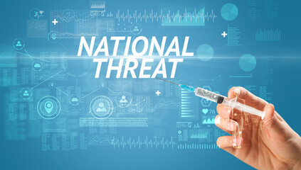 Syringe needle with virus vaccine and NATIONAL THREAT inscription, antidote concept