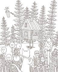 A cat in a fairy forest and a house on chicken legs. Coloring. Black and white digital illustration. Cute illustration for the decor and design of posters, postcards, prints, stickers, invitations.