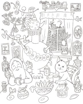 An old man and a cat are drinking tea in a cozy house. Coloring. Black and white digital illustration. Cute illustration for the decor and design of posters, postcards, prints, stickers, invitations.
