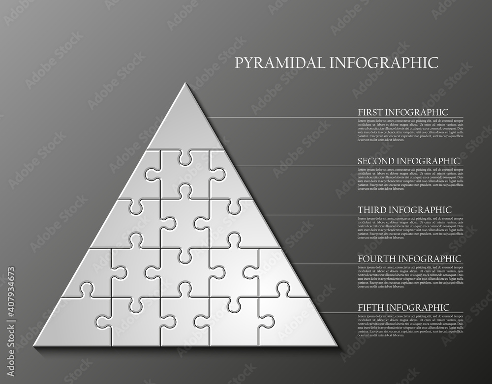 Poster five levels pyramid puzzle presentation infographic template with explanatory text field for business statistics illustration