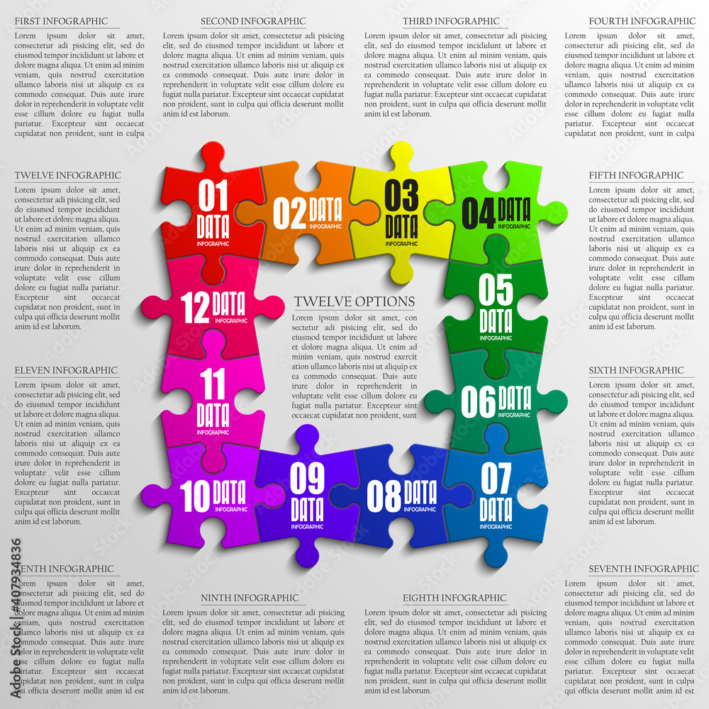 Poster Twelve sided 3d puzzle presentation infographic template with explanatory text field for business statistics