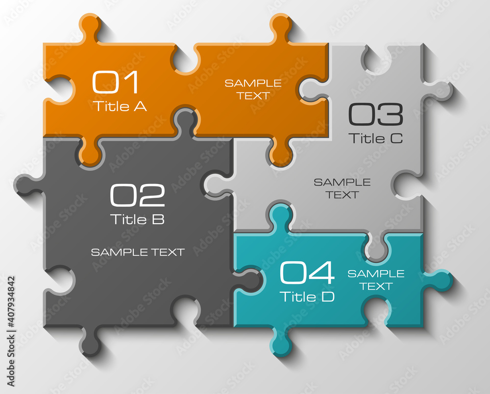 Poster Four sided 3d puzzle presentation infographic template with explanatory text field for business statistics