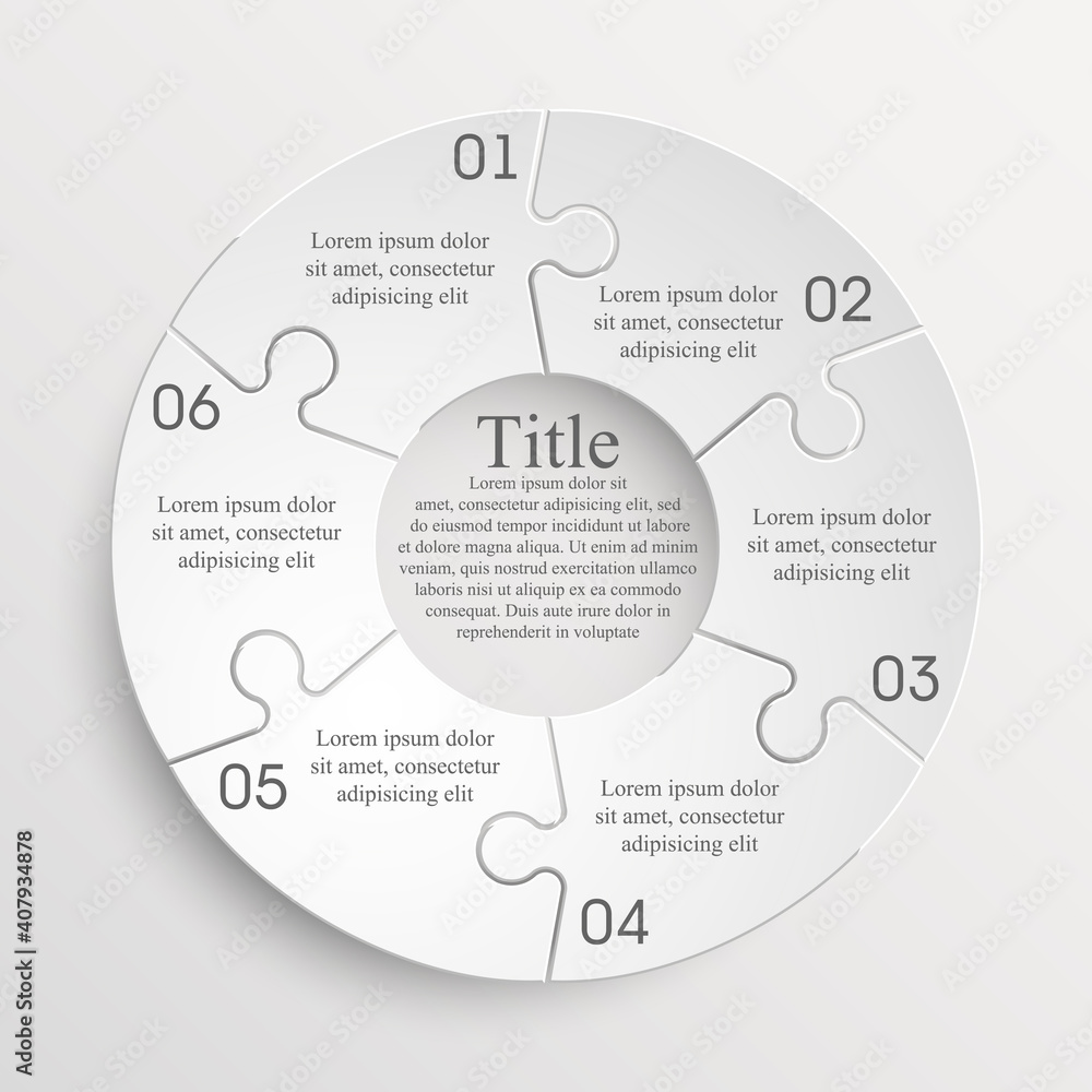 Aufkleber six sided 3d puzzle presentation infographic template with explanatory text field for business stati