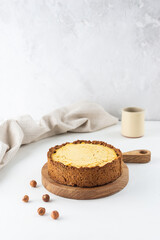 Homemade tofu cake on a light background. Sugar, gluten and lactose free. Vegan dessert.