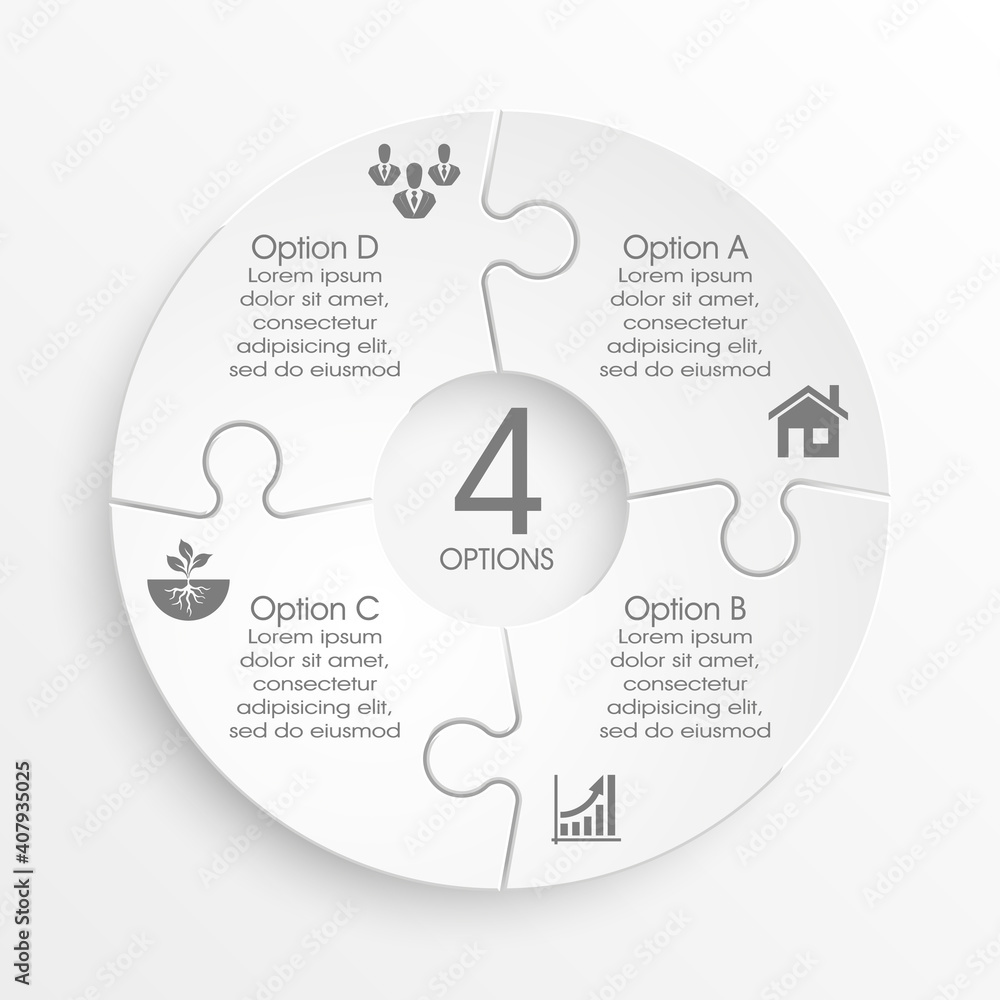 Poster Four sided 3d puzzle presentation infographic template with explanatory text field for business statistics