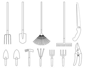 Set gardening elements black and white vector illustration. Garden tools.