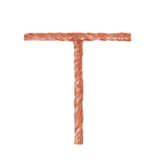 Letter T made of copper wire  isolated on white background