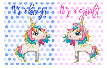 Baby Shower Greeting Card with cute Cartoon Unicorn girl and boy