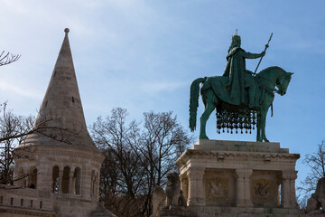 Statue of King Stephen (Szent István szobra), and a tower of the Fishermen's Bastion...