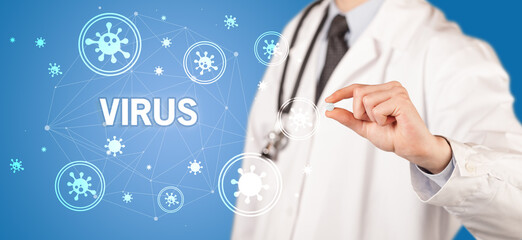 Doctor giving pill with VIRUS inscription, coronavirus concept