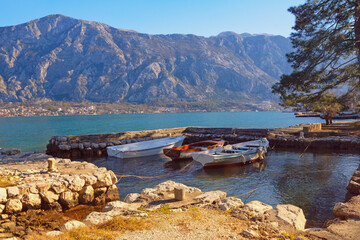 Beautiful winter Mediterranean landscape. Montenegro. View of  Kotor Bay and small harbor for...
